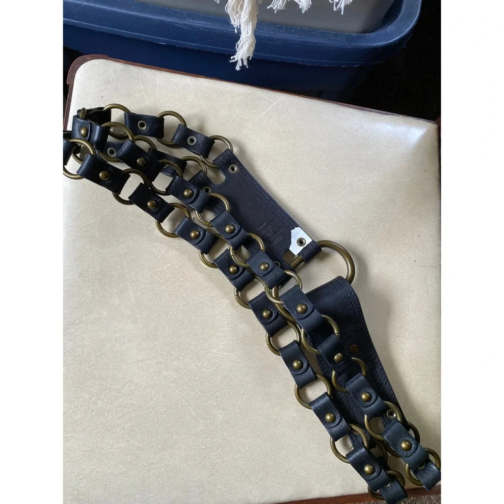 Vintage Chain Link Leather O-Ring Studded Belt M Black Brass Steampunk Goth Y2K